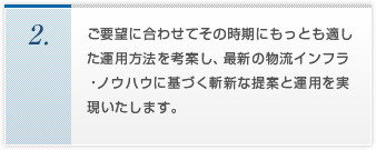 ご要望に合わせてその時期にもっとも適した運用方法を考案し、最新の物流インフラ・ノウハウに基づく斬新な提案と運用を実現いたします。
